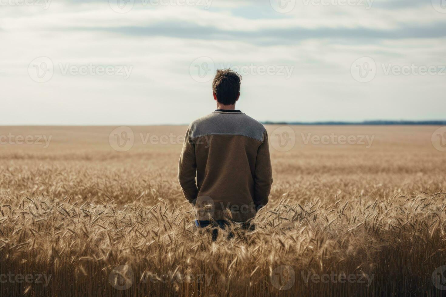 Back view of a young man standing in a wheat field. AI Generated photo