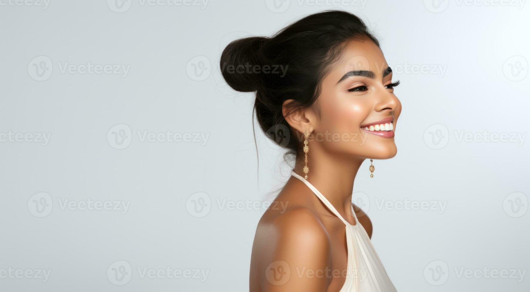 Elegant Indian woman model smiling with copy space. AI Generated photo