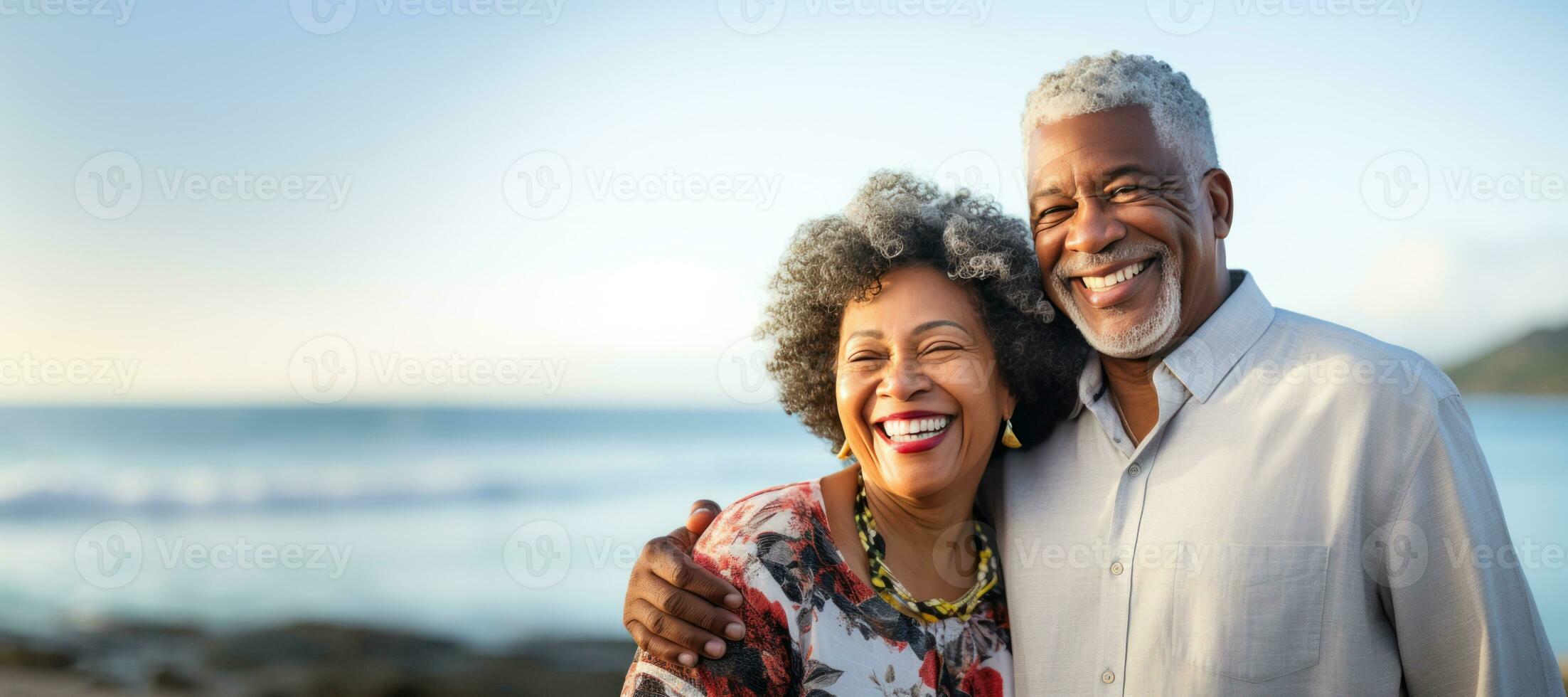 African senior couple on the beach with copy space. AI Generated photo