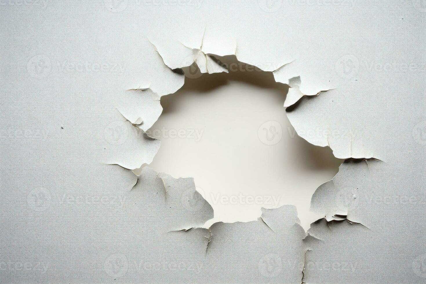 A ragged hole torn through a white paper. AI Generated photo