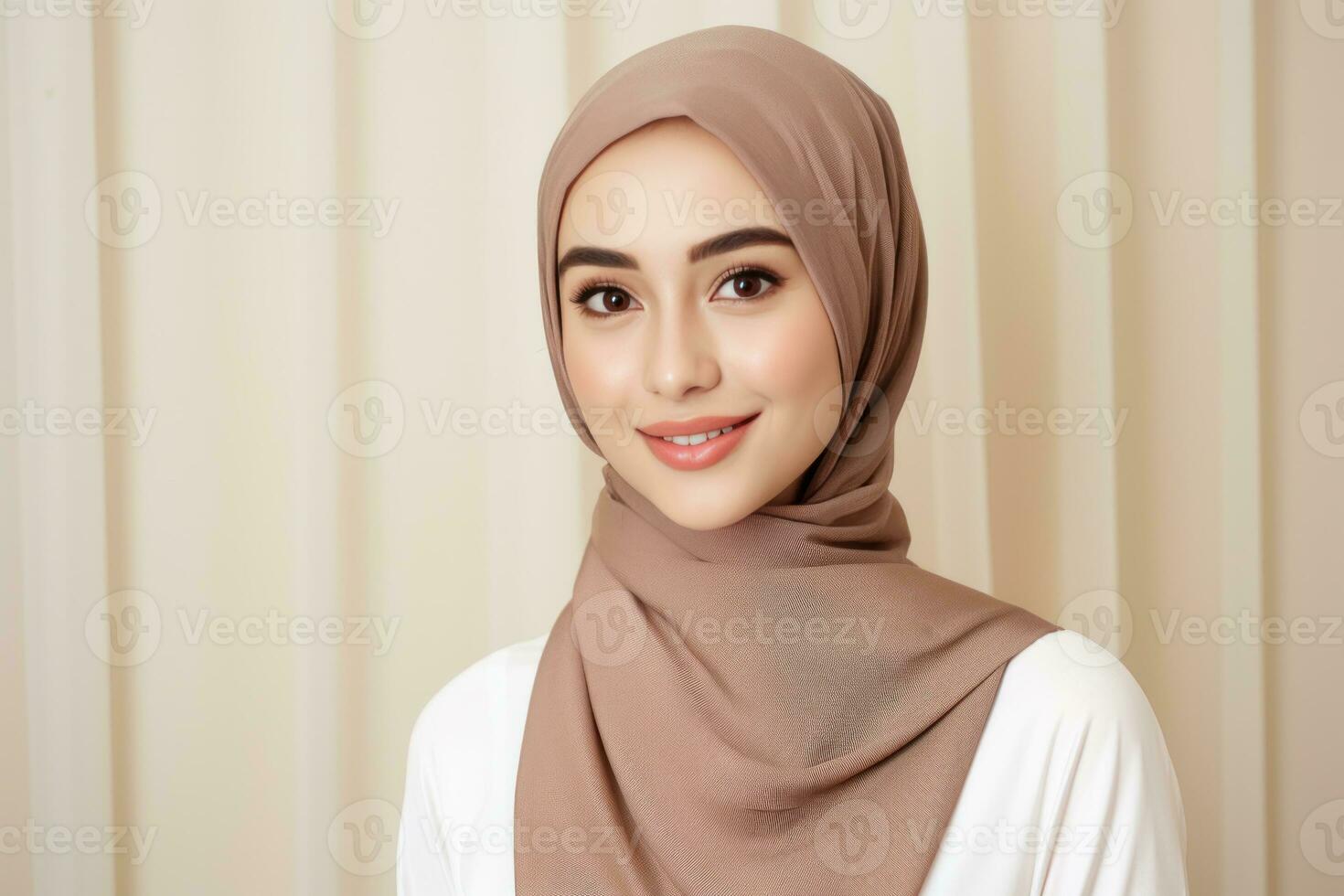 A Malay woman model is smiling with a hijab and makeup. AI Generated photo
