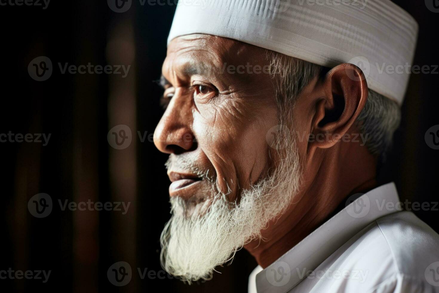 A senior Malay man with a beard wearing a kuffi. AI Generated photo