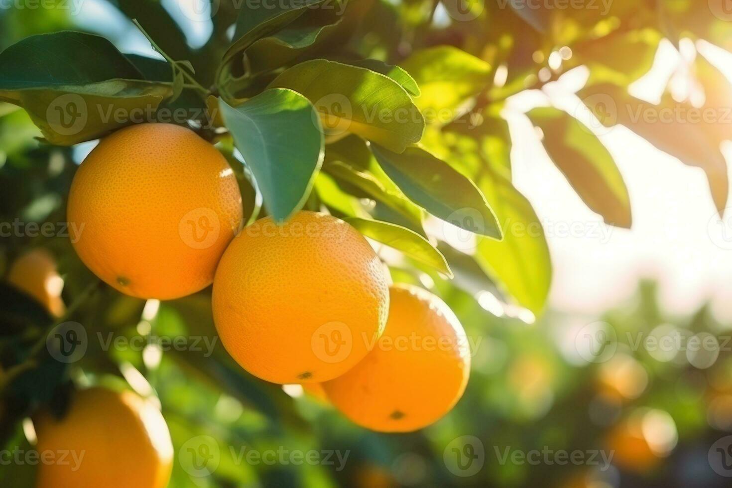 Ripe oranges on a tree in the garden. Selective focus.  AI Generated photo