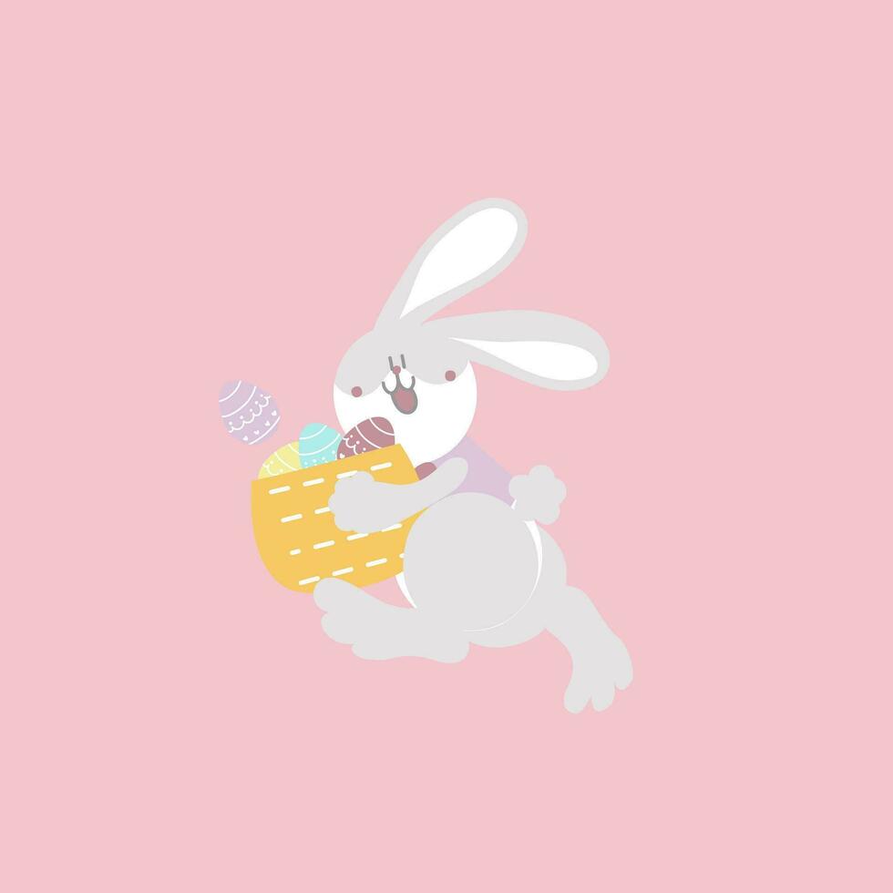 happy easter festival with animal pet bunny rabbit and basket of egg, pastel color, flat vector illustration cartoon character
