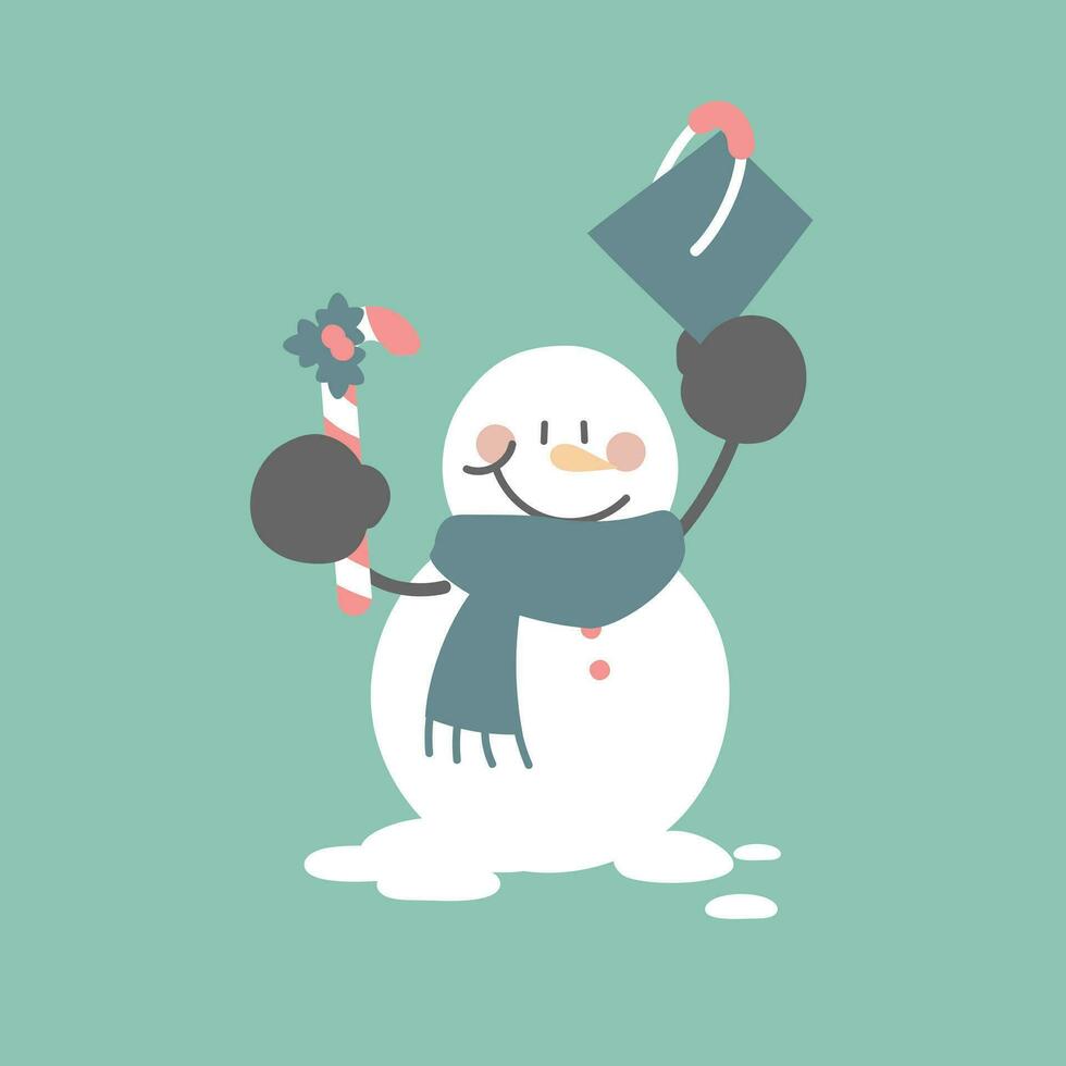 merry christmas and happy new year with cute snowman holding candy cane and bucket in the winter season, flat vector illustration cartoon character