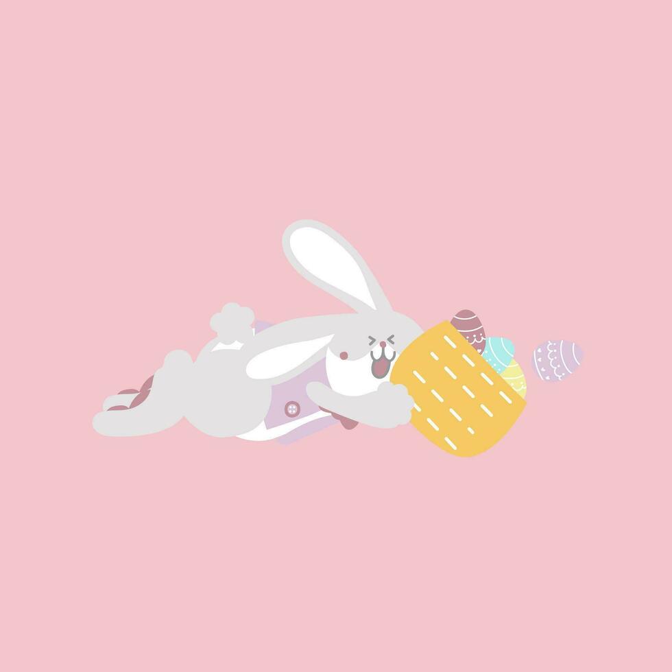 happy easter festival with animal pet bunny rabbit and basket of egg, pastel color, flat vector illustration cartoon character