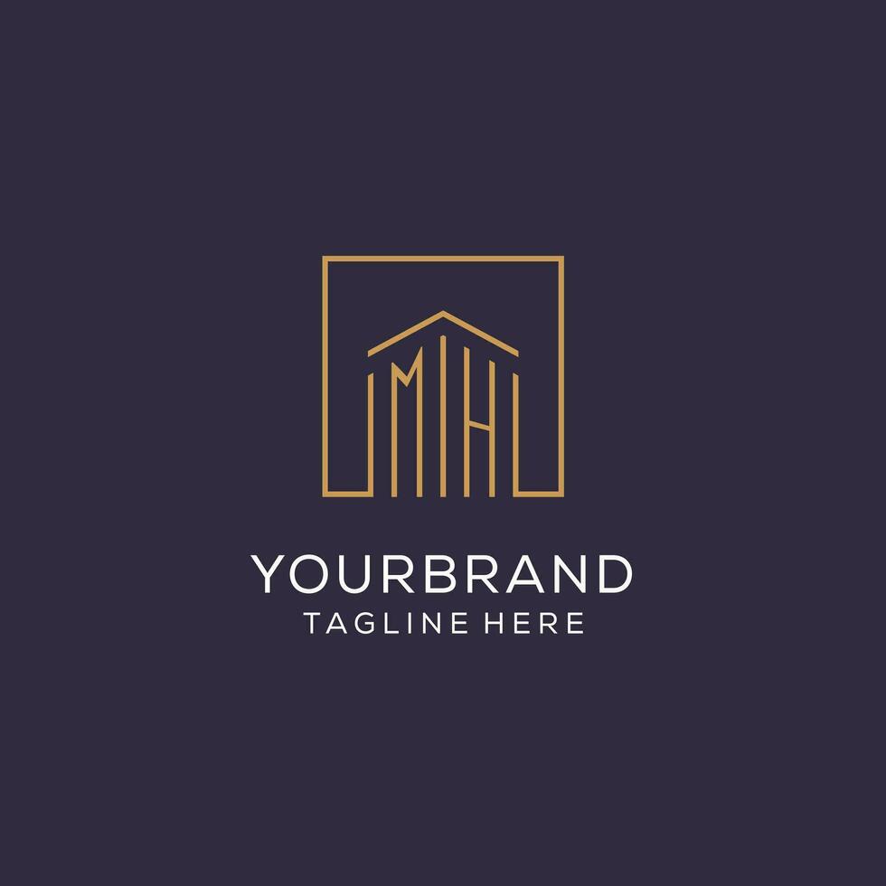 Initial MH logo with square lines, luxury and elegant real estate logo design vector