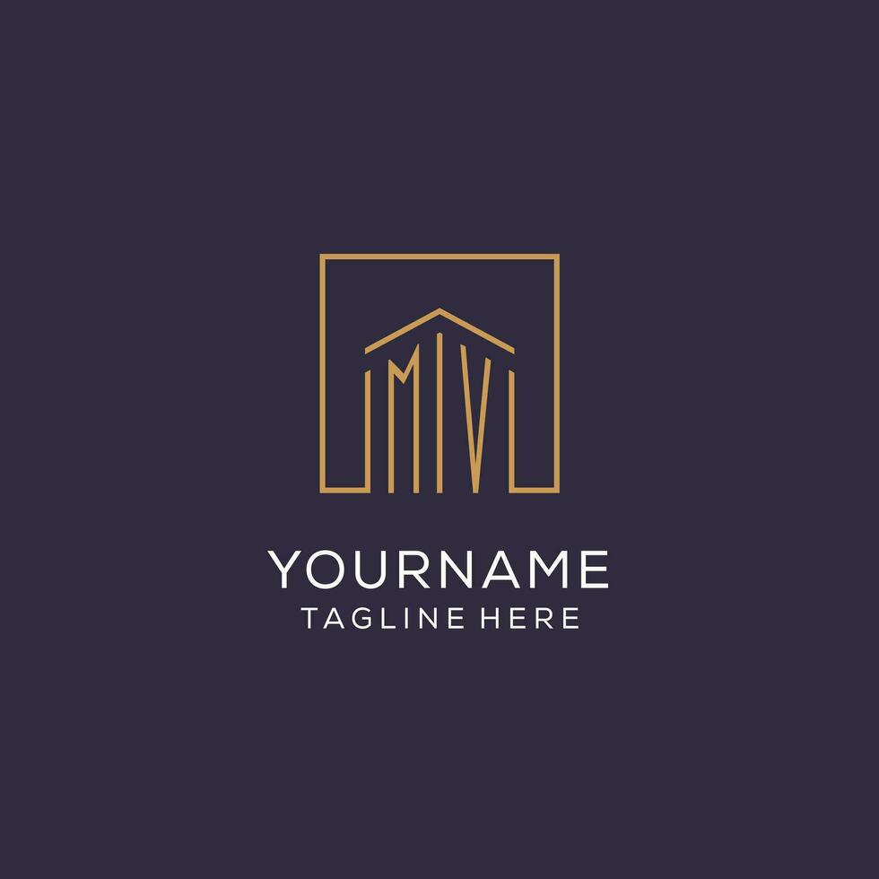 Initial MV logo with square lines, luxury and elegant real estate logo design vector