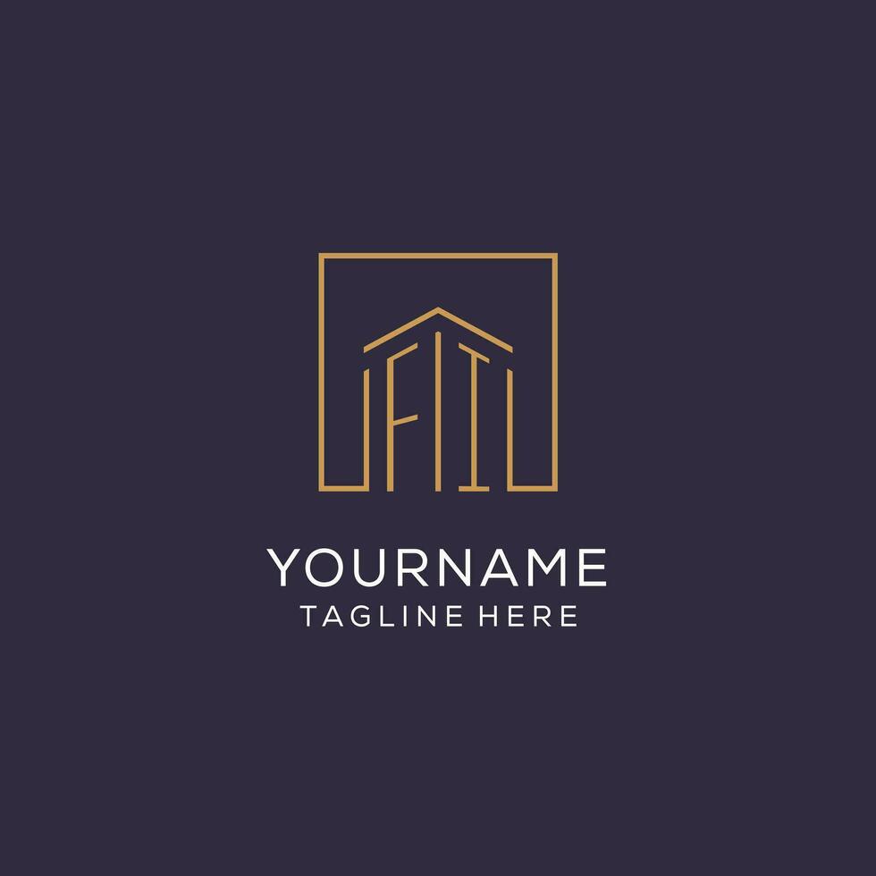 Initial FI logo with square lines, luxury and elegant real estate logo design vector