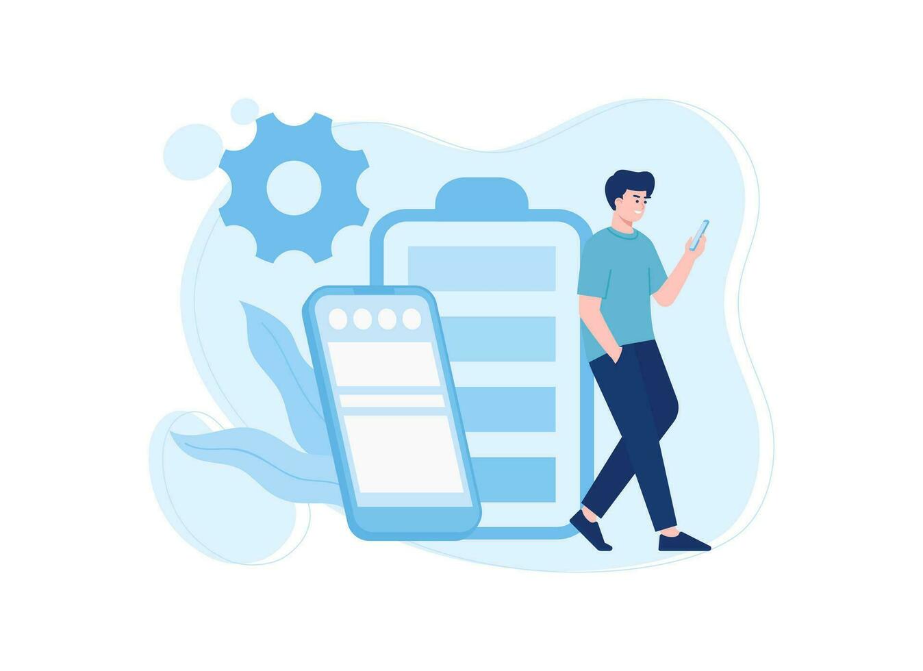 Smartphone battery performance and long life battery energy power source maintenance concept flat illustration vector