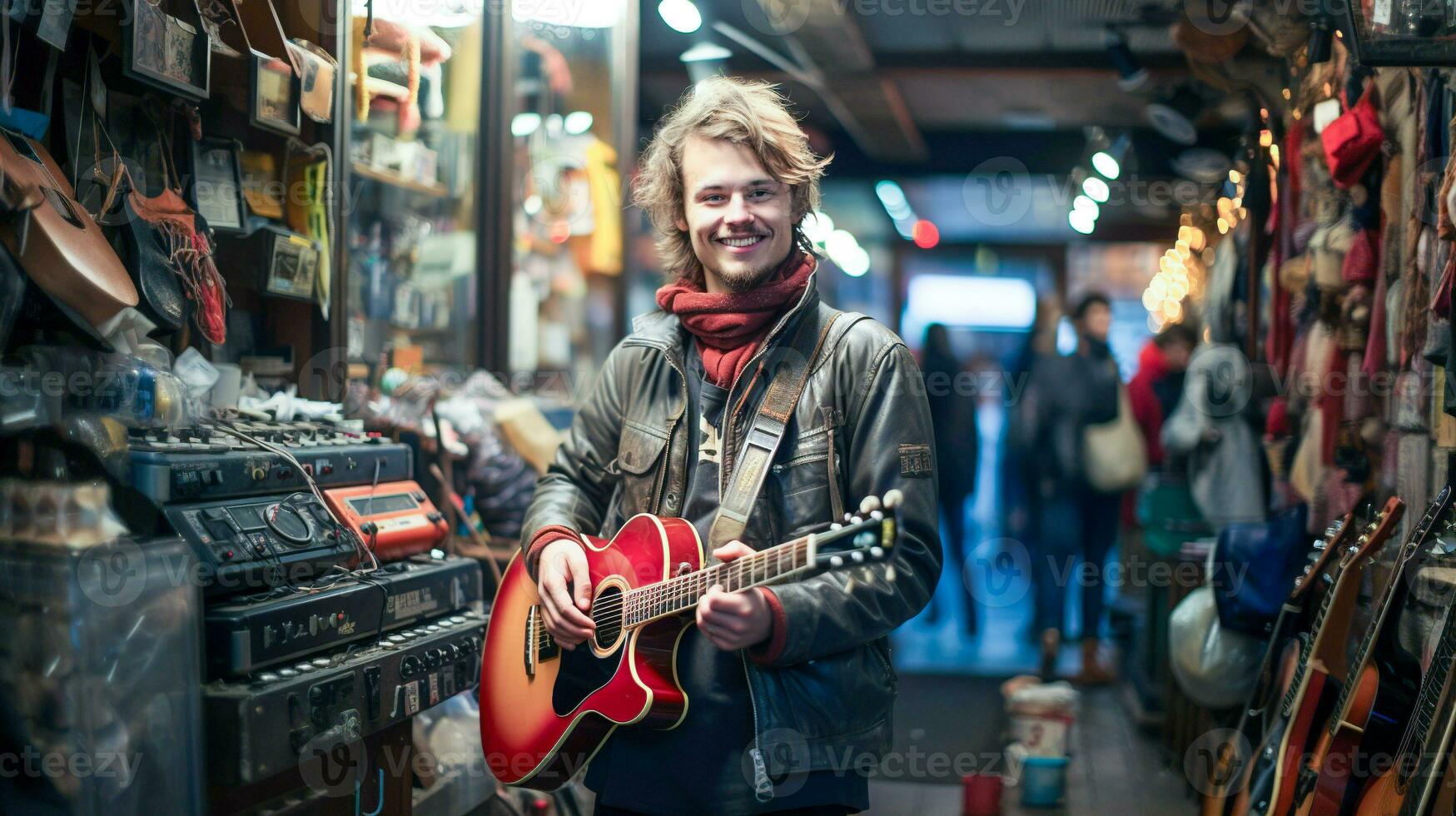 Young man standing at a front of music store, AI generated photo