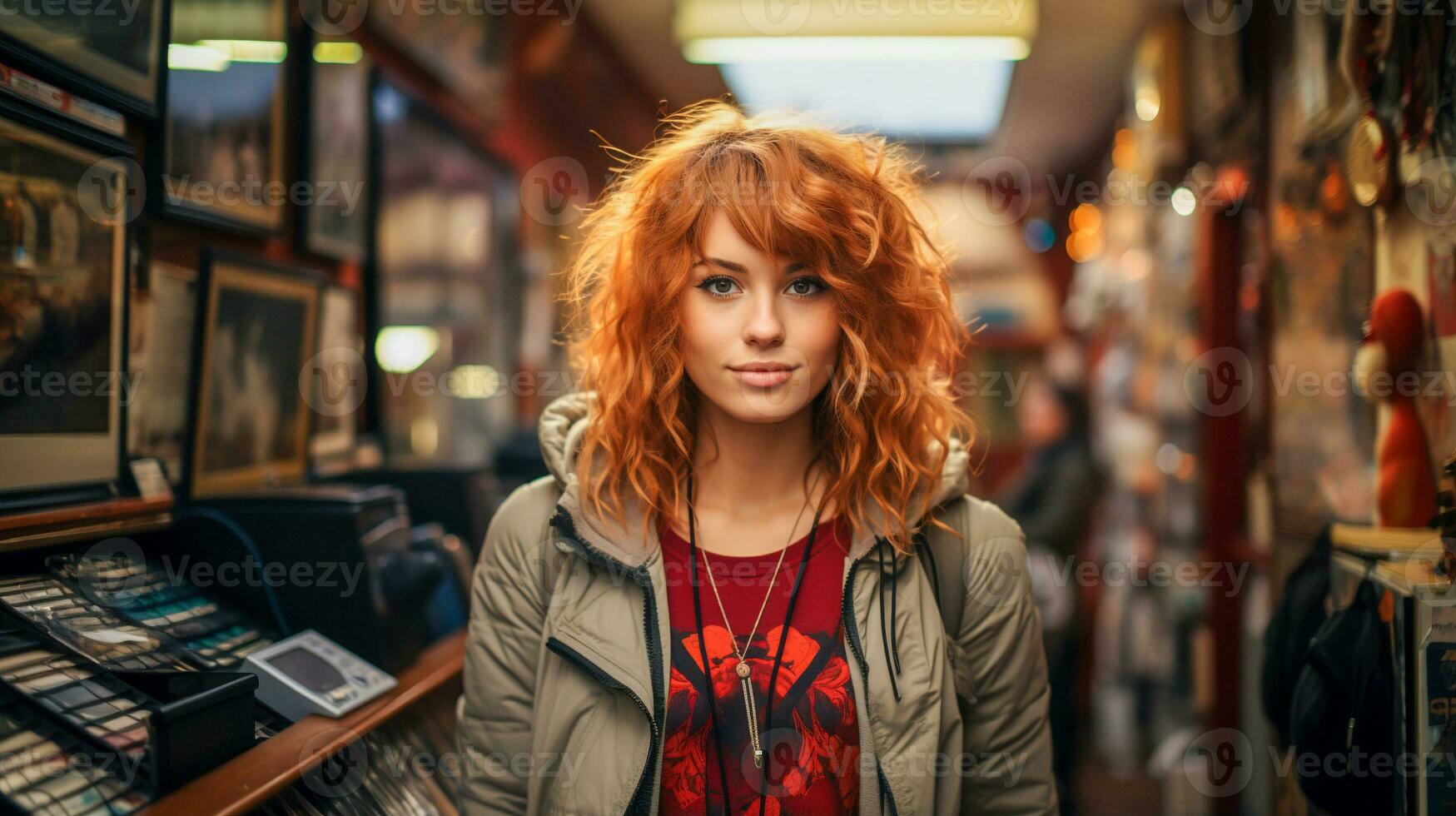 Young woman standing at a front of music store, AI generated photo