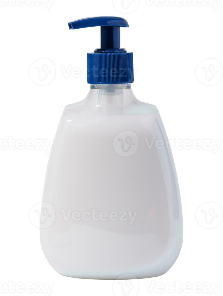 White plastic transparent bottle with soap dispenser on a white background photo