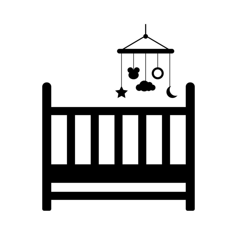 Childrens bed with hanging mobile toy. Wooden sleeping place for baby with musical gaming pendant and protective black backrest cozy vector design