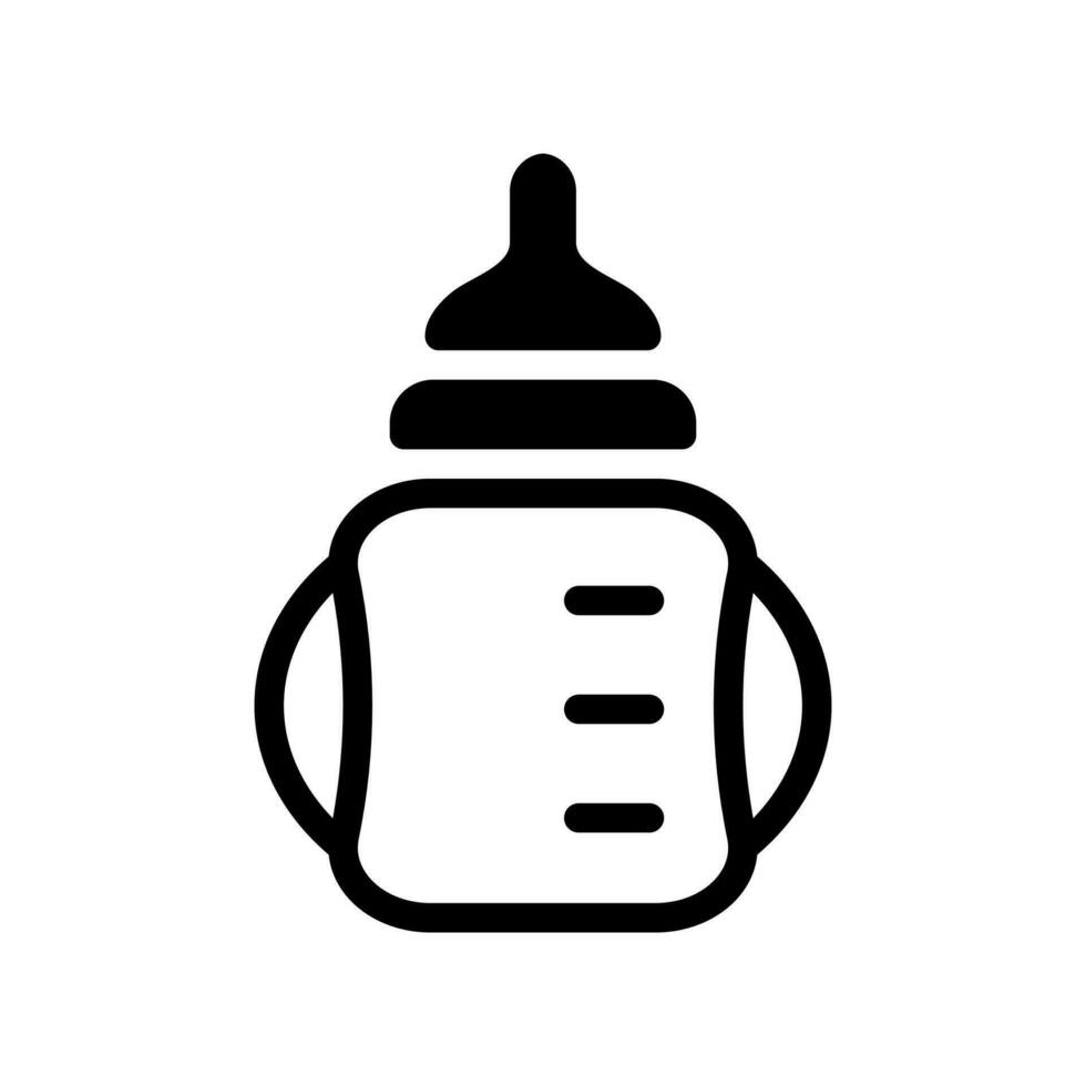 Baby sippy bottle with nipple icon. Wide container with division and liquid for feeding babies and plastic utensils for dosed sports and medicinal vector techniques