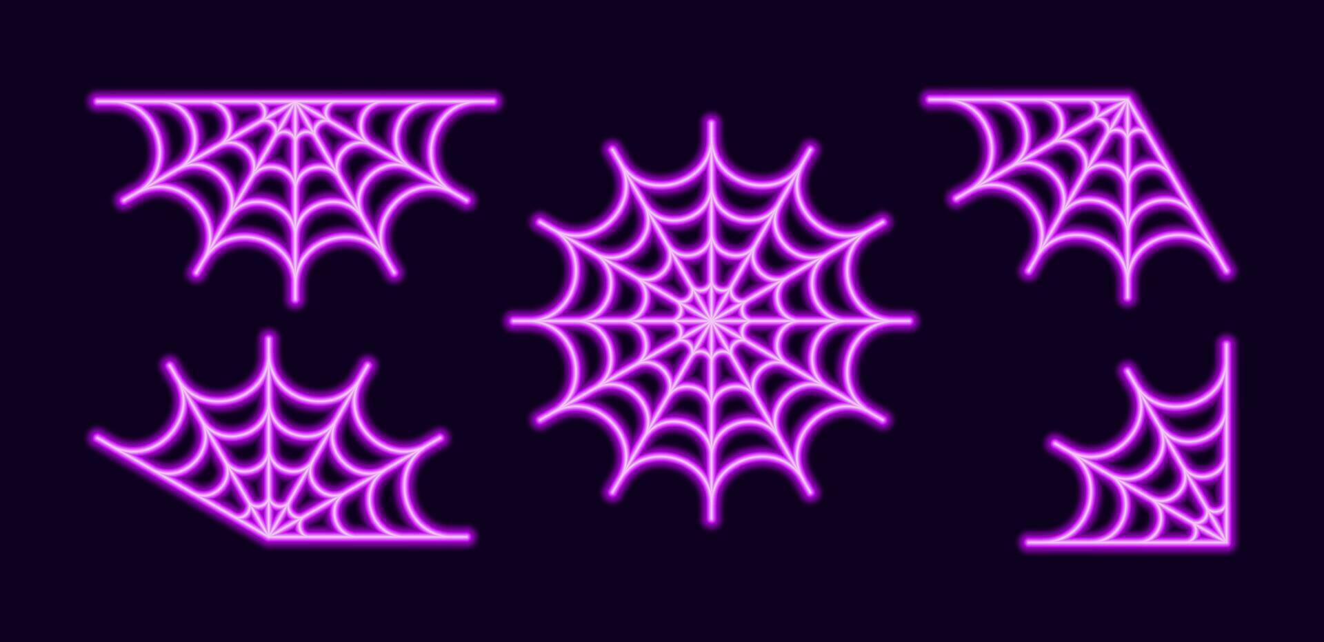 Neon spiderweb different set. Purple mesh tracery with halloween party ornament. Sticky trap of intertwining dangerous vector lines