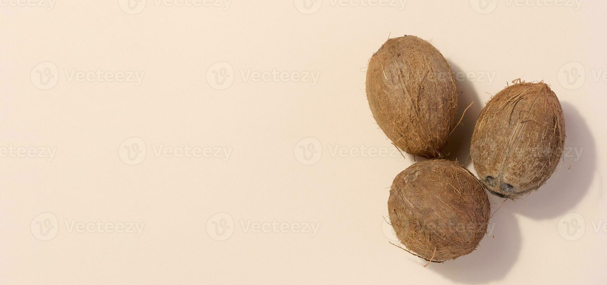 Whole coconut on beige background, top view photo