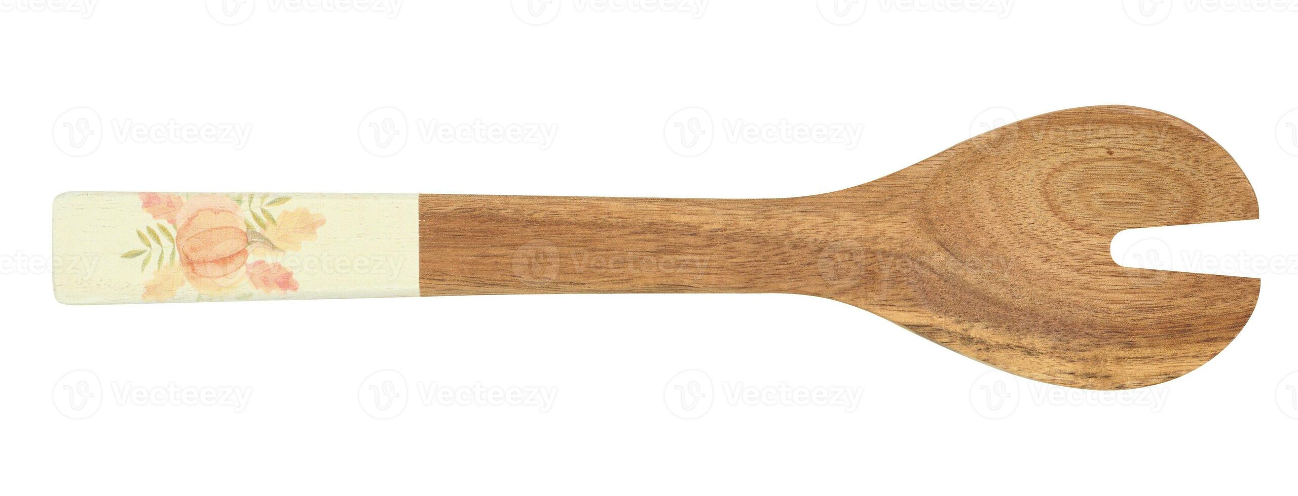 Empty wooden vintage fork with long handle isolated on white background, top view photo