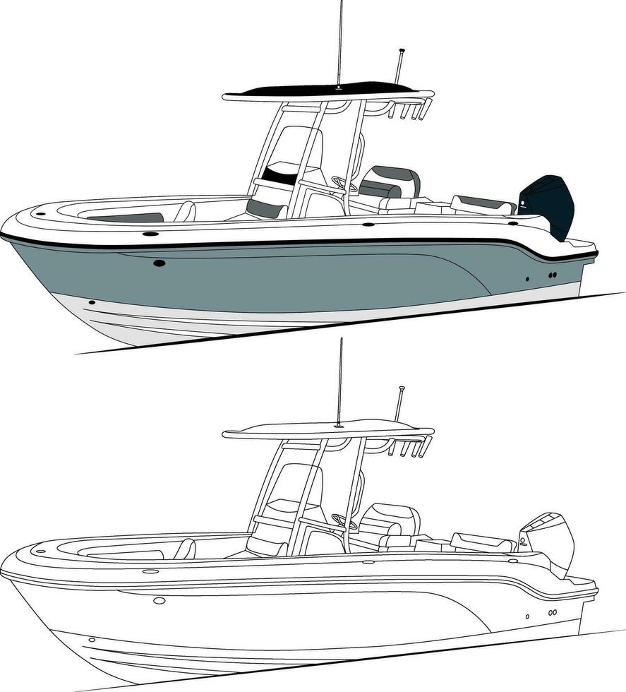 alta calidad línea dibujo vector pescar bote. negro, blanco, y color ilustración.