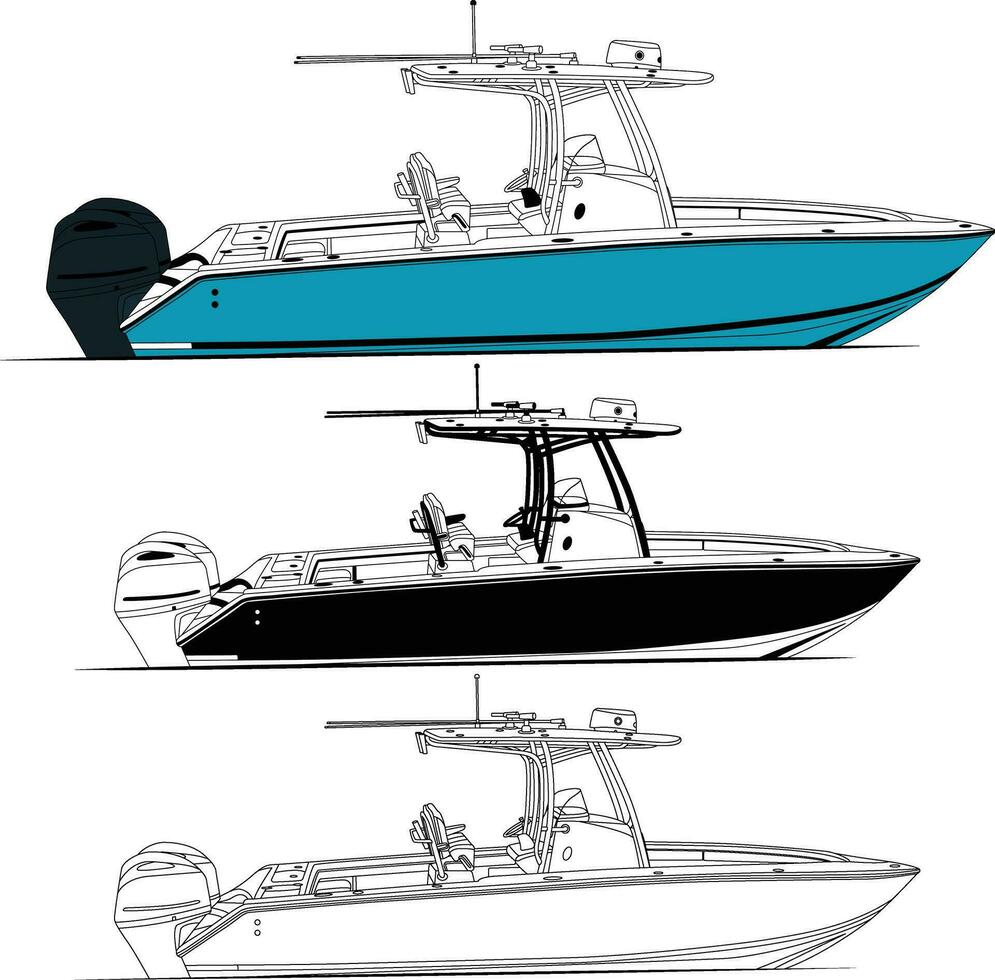 Side view fishing boat vector line art and one color