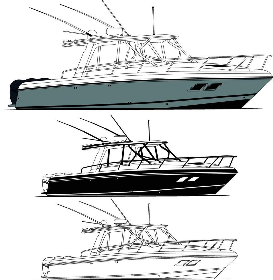 Boat vector, Fishing boat vector line art, and one color