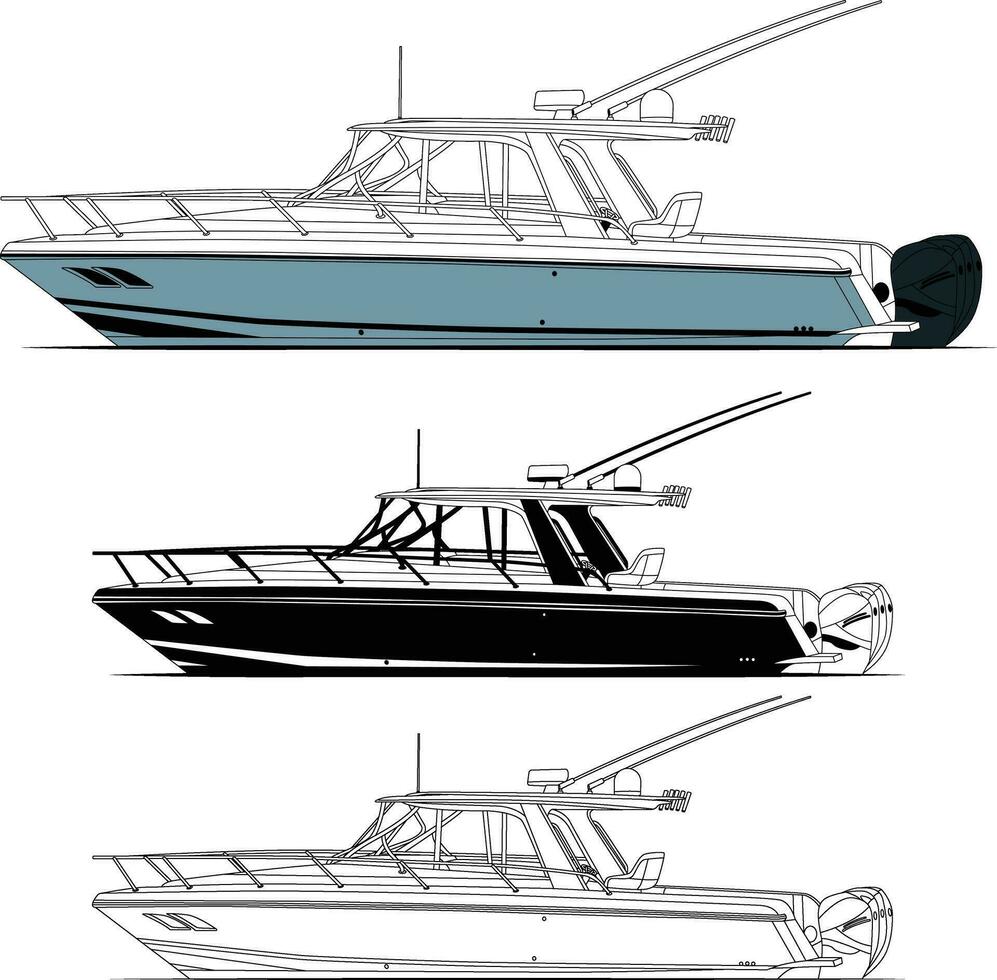 High-quality line drawing vector fishing boat. Black, white, and color illustration.