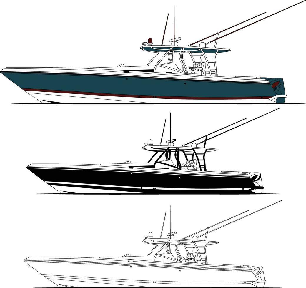 Boat vector, Fishing boat vector line art, and one color