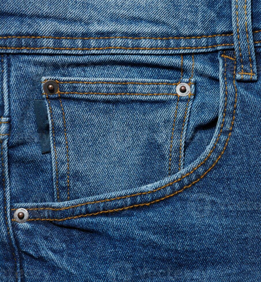 Blue jeans front pocket with buttons, close up photo