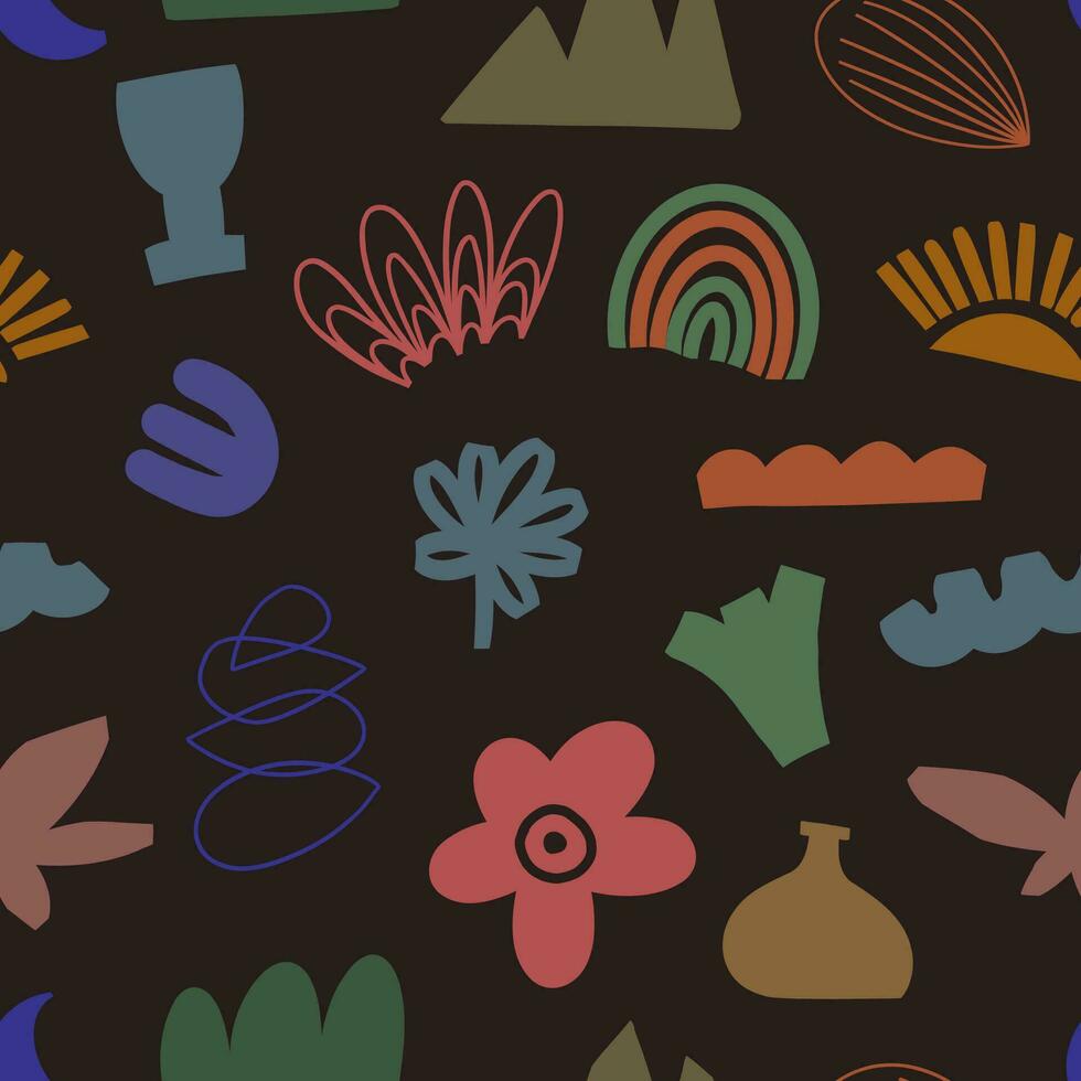 Abstract organic shapes pattern. Vector seamless background with hand drawn various shapes and doodle objects. Abstract contemporary modern style wallpaper. Trendy illustration.