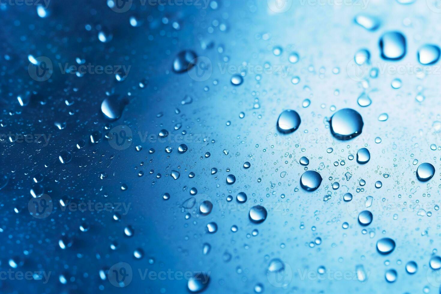 Transparent water drops on blue background. Realistic liquid. Abstract backdrop. Hydration concept. Generative AI. photo