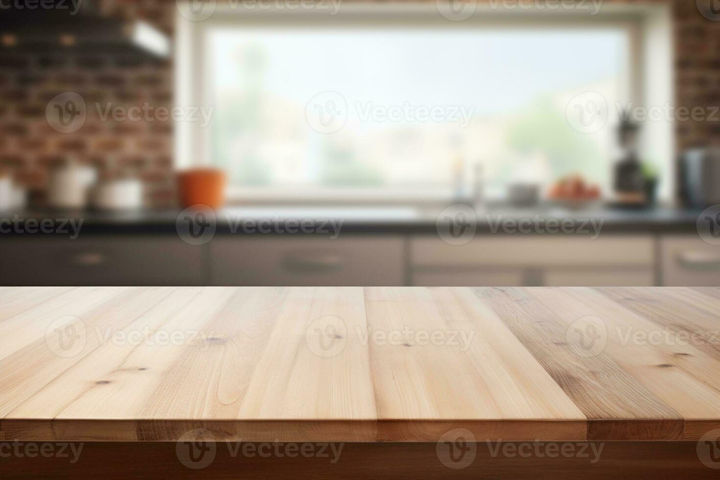 Empty wooden table top and blurred kitchen interior on the background. Copy space for your object, product, food presentation. Generative AI. photo
