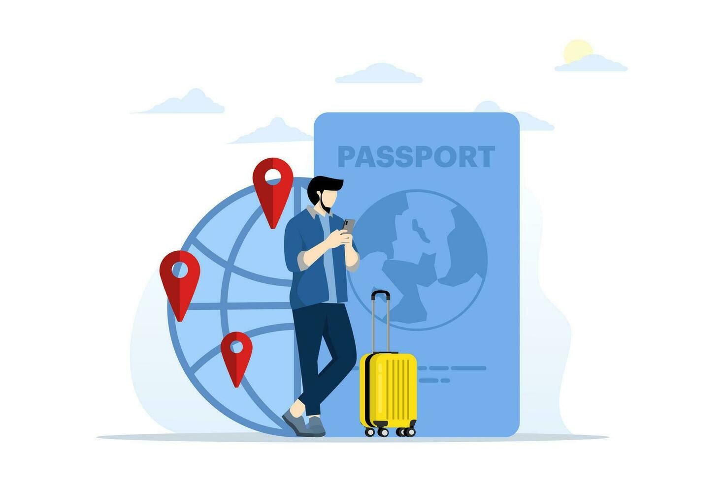 Concept of international migration, emigration, citizenship, passport, identity document. Couple moves to another country. People with luggage at the airport. Flat vector illustration on background.