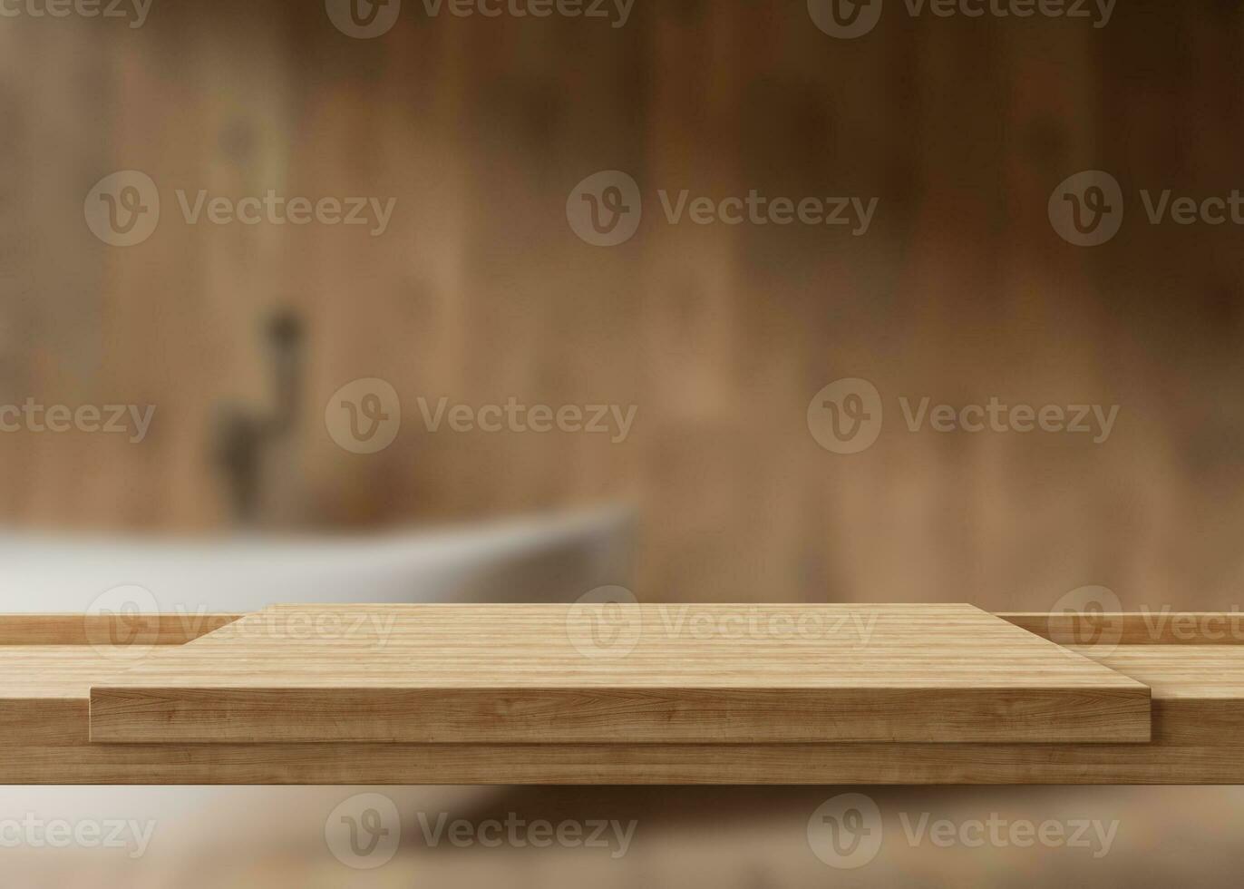 Empty wooden table top and blurred bathroom interior on the background. Copy space for your object, product, cosmetic presentation. Display, promotion, advertising. 3D Rendering. photo