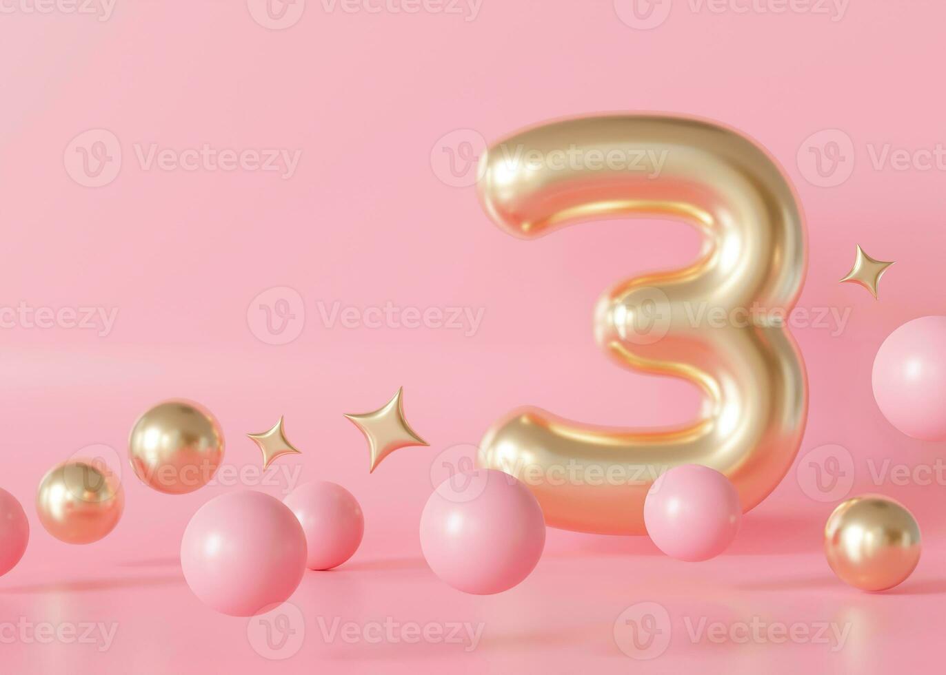 Golden number three on pink background. 3 Years Old. Third Birthday Celebration. Girls party. Baby girl celebrates. Special event. Anniversary of the beauty company, women's business. 3D Render. photo