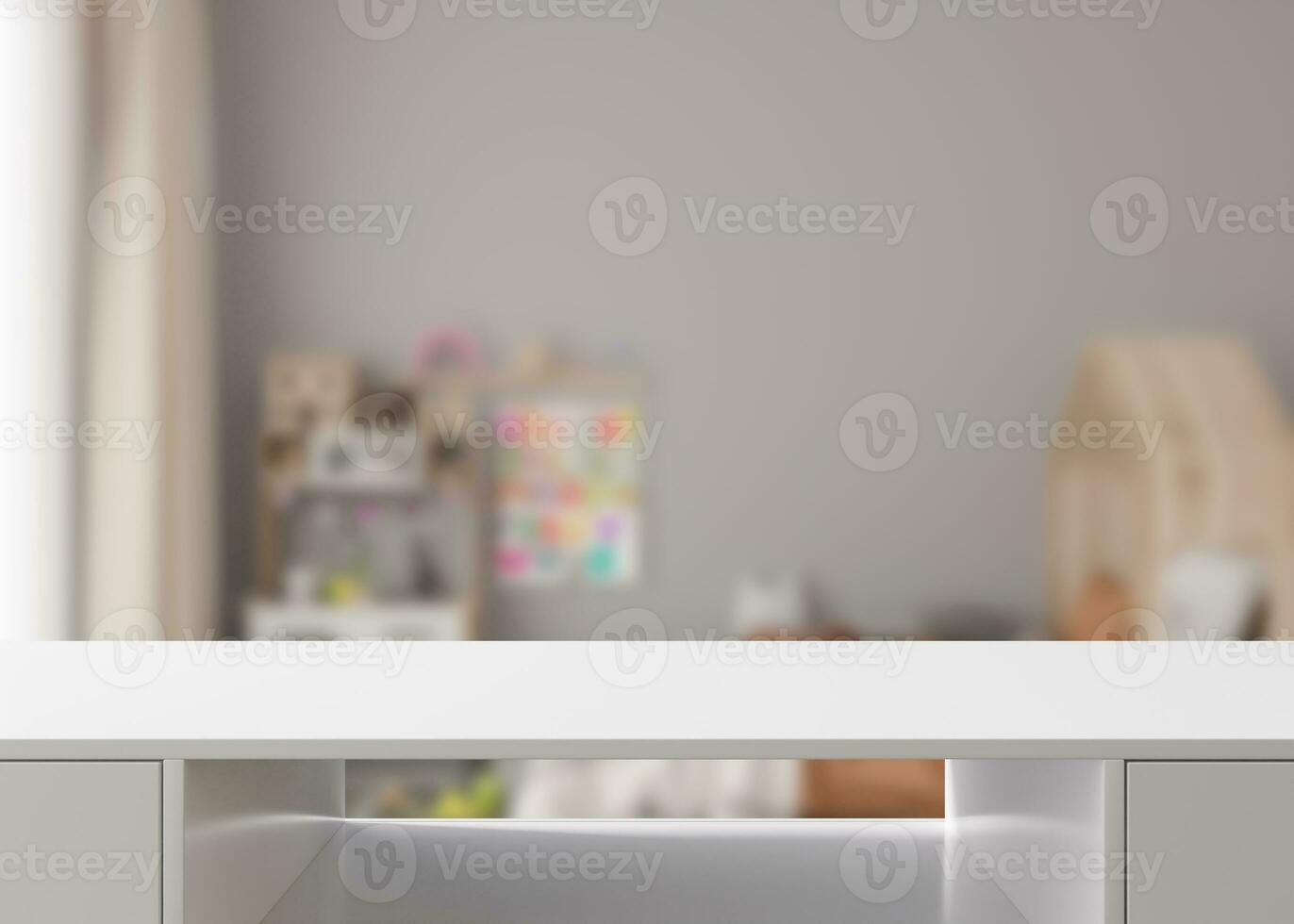 Empty white table top and blurred kids room interior on the background. Copy space for your object, product, toy presentation. Display, promotion, advertising. 3D Rendering. photo