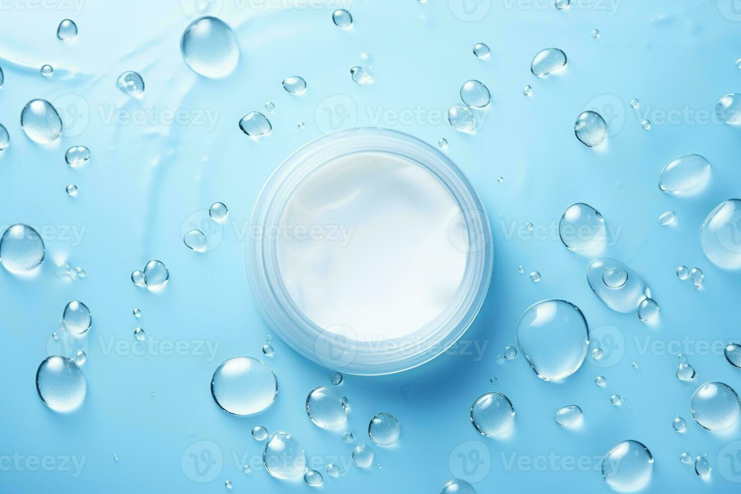 Cosmetic cream jar on blue surface with bubbles, drops, top view. Skin care product presentation. Skincare, beauty. Face creme, body lotion, moisturizer. Generative AI. photo