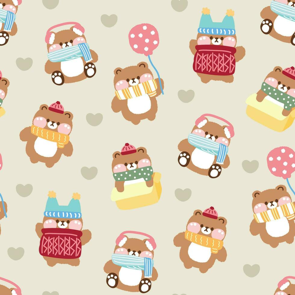 Seamless pattern of cute teddy bear doll in autumn and winter concept with heart background. vector