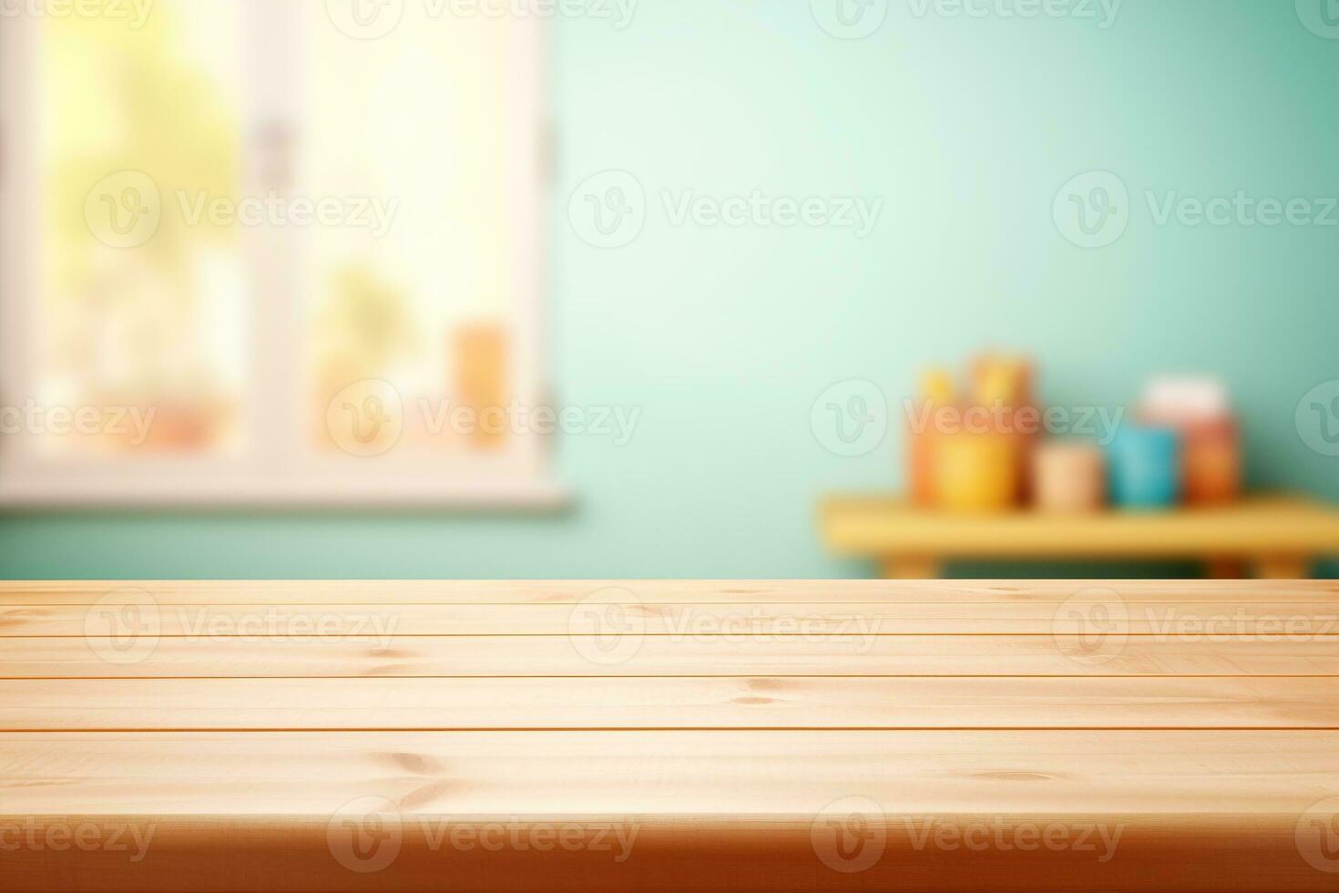 Empty wooden table top and blurred kids room interior on the background. Front view. Copy space for your object, product, toy presentation. Generative AI. photo