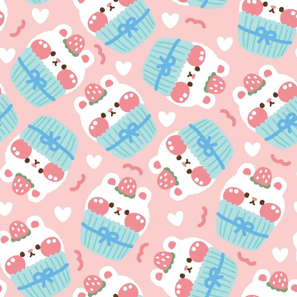 Seamless pattern of cute rabbit head cupcake with heart on pink pastel background. vector