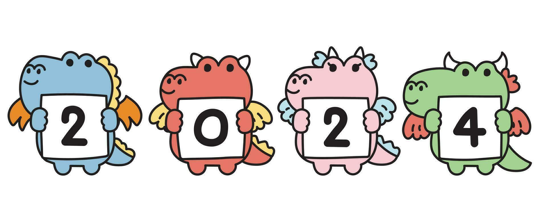 Set of cute dragon hold 2024 write on paper.Jurrasic animal character cartoon vector