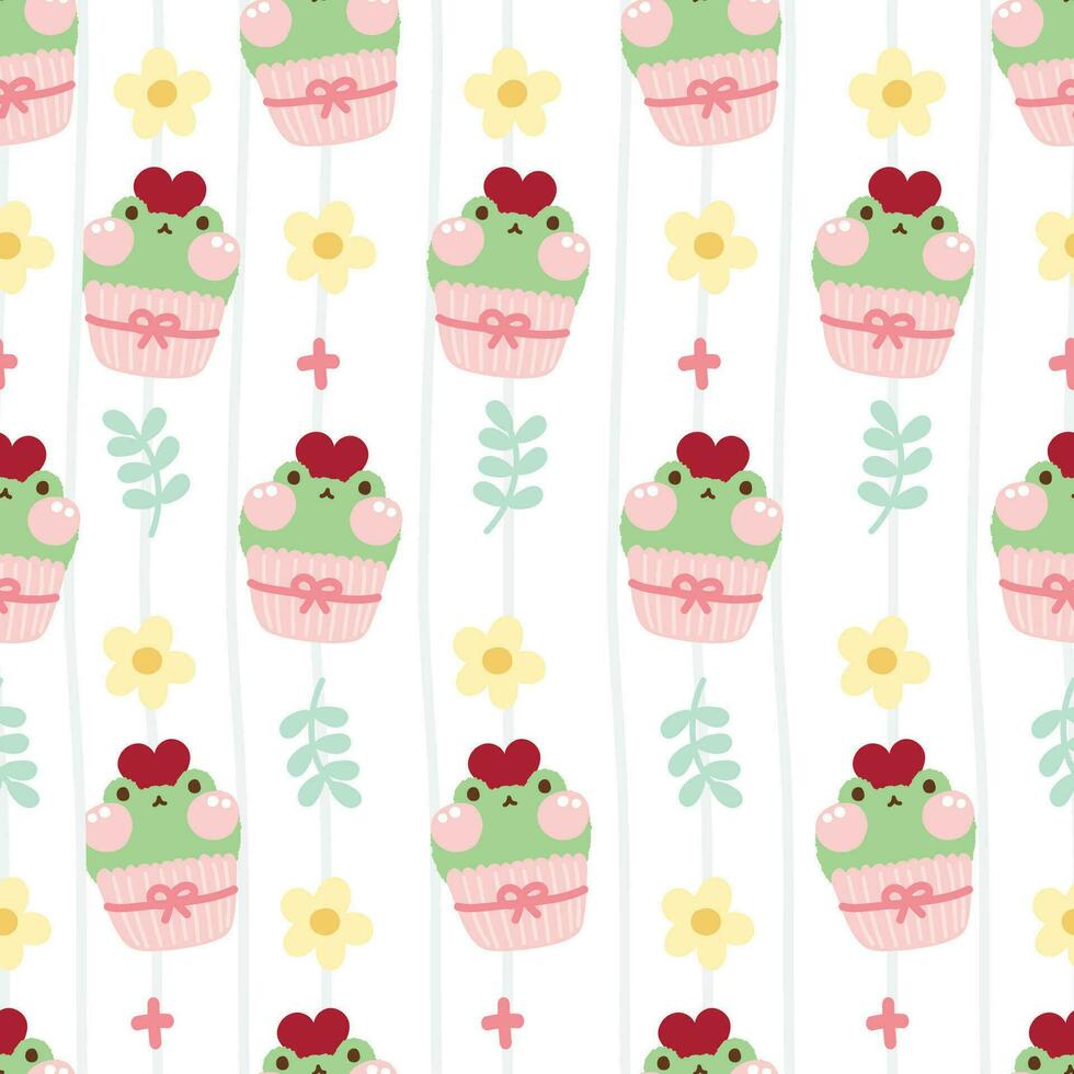 Seamless pattern of cute frog cupcake with flower and leaf on white background.Reptile vector