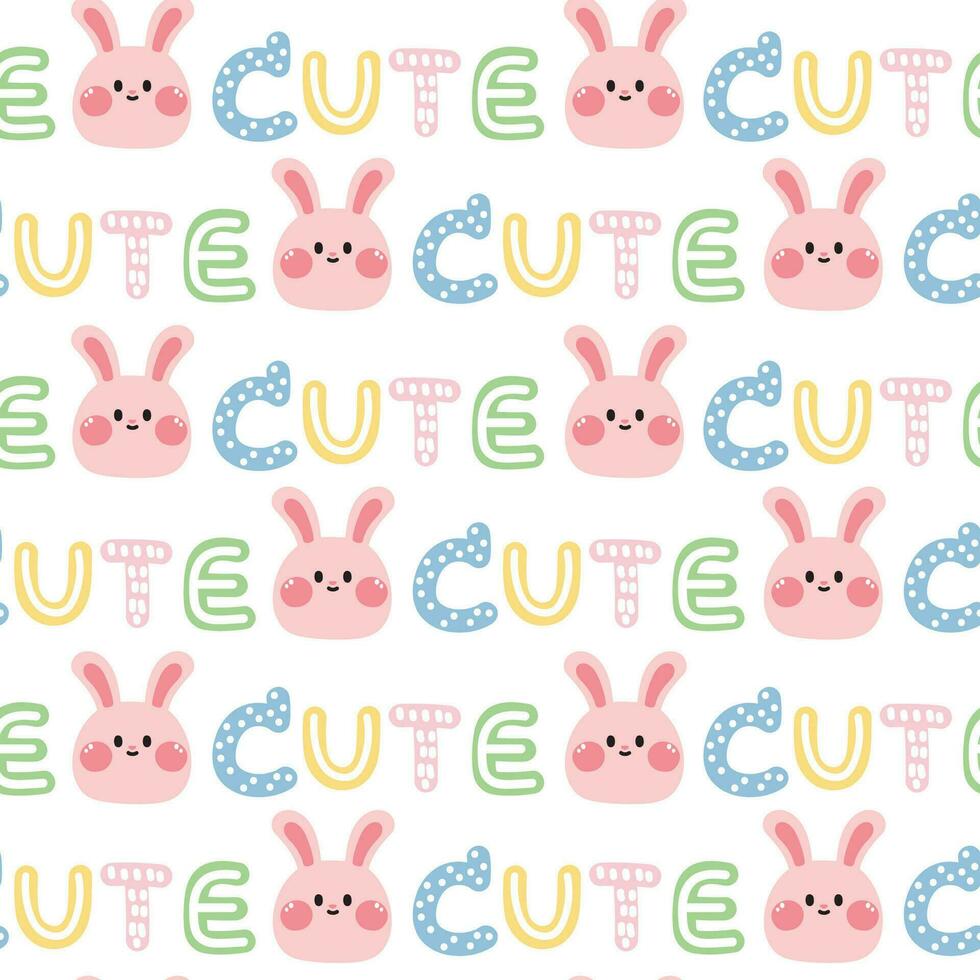 Seamless pattern of cute face rabbit with cute text on white background.Rodents vector