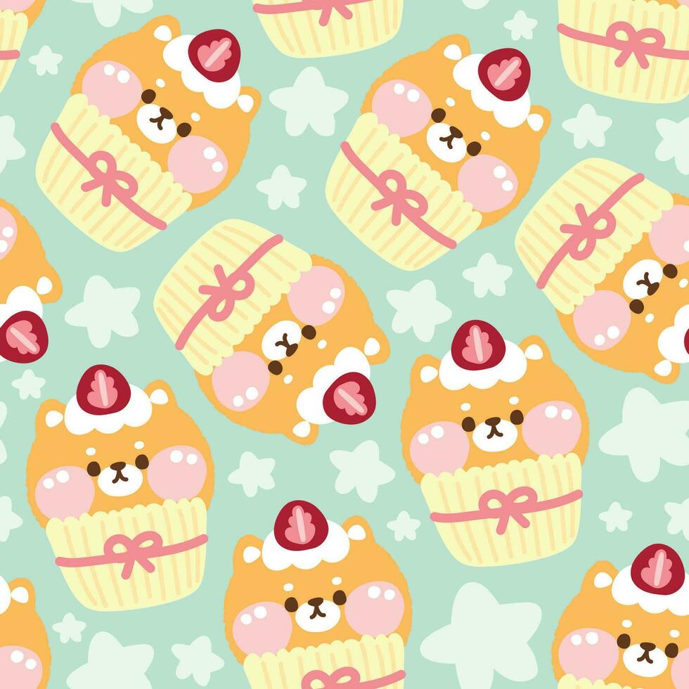 Seamless pattern of cute cat cupcake strawberry with star on pastel background.Pet animal vector