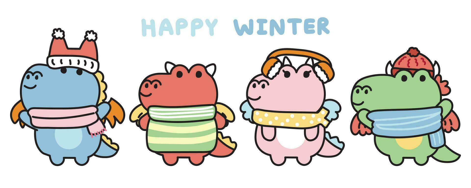 Set of cute dragon in winter clothing.Merry christmas.Jurassic animal vector