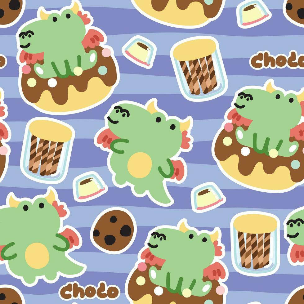 Seamless pattern of cute dragon with various dessert.Jurassic animal vector