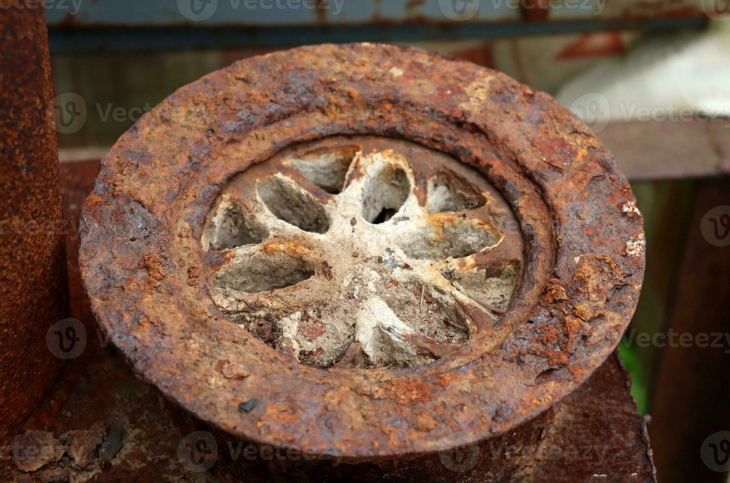 A rusty old found rustic grate from a samovar - a grate for a boiler. Horizontal photo