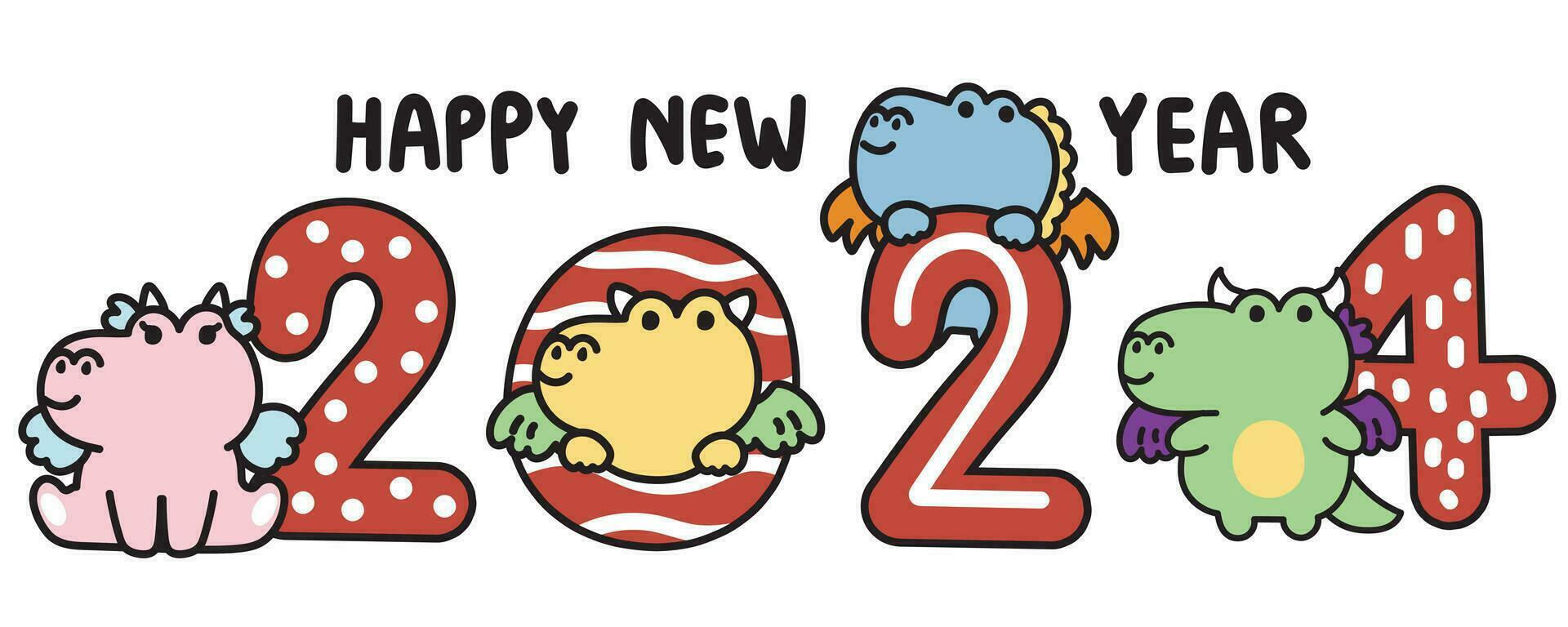 Cute dragon with happy new year 2024 on white background.Chinese zodiac vector