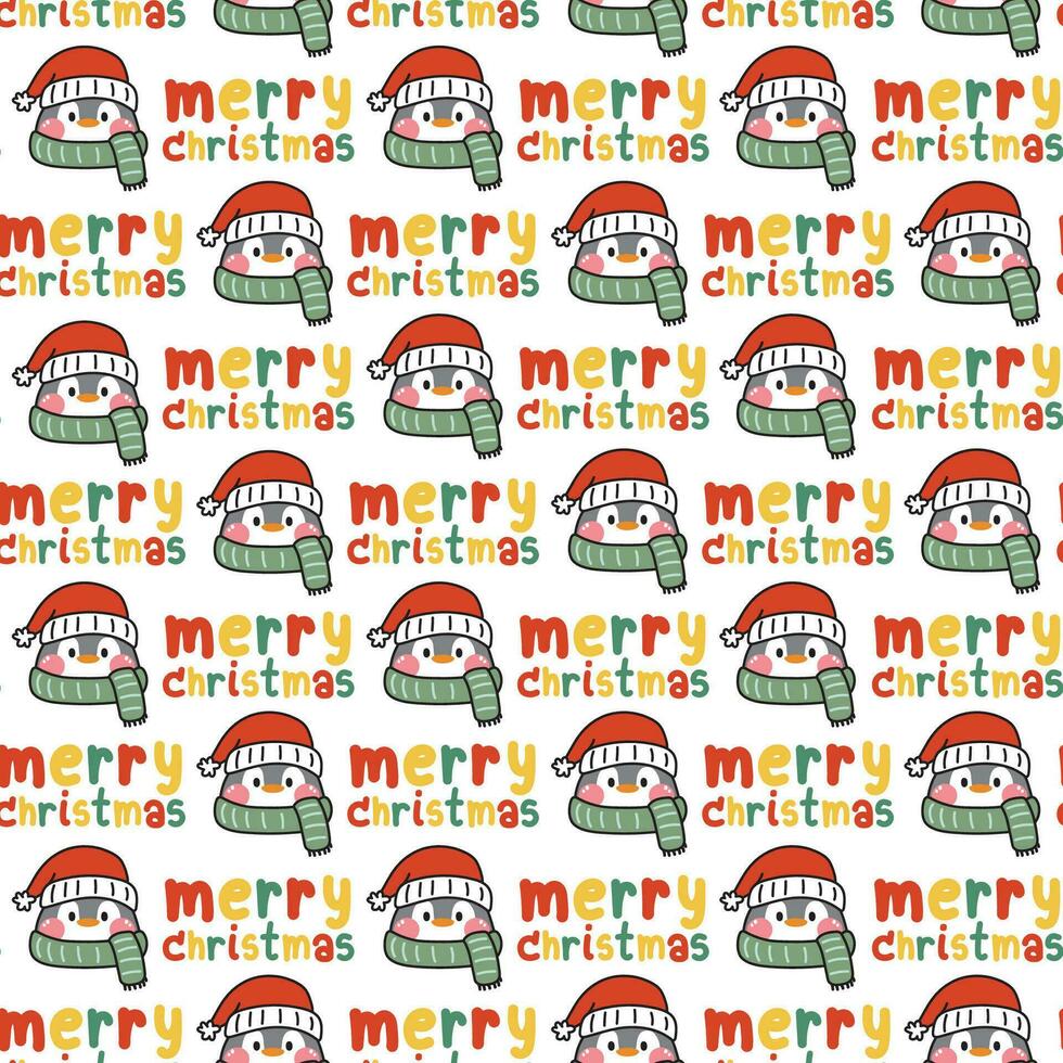 Seamless pattern of cute penguin in winter clothing with merry christmas text on white background. vector