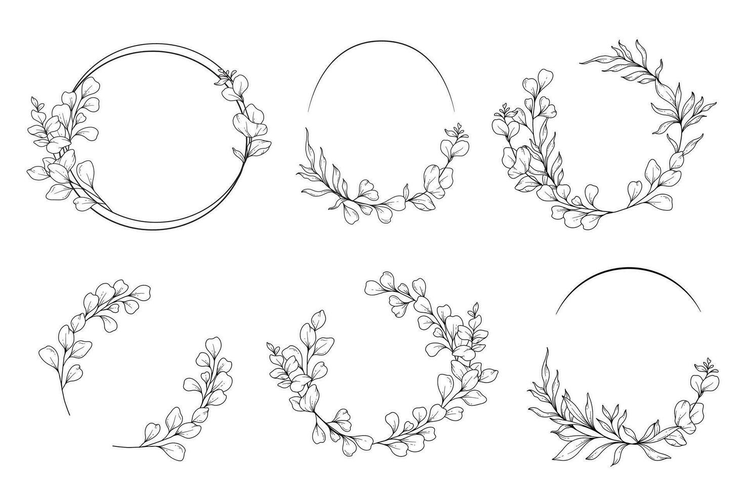 Floral Frames Line Art, Fine Line Eucalyptus Frames Hand Drawn Illustration. Eucalyptus Outline Frame. vector