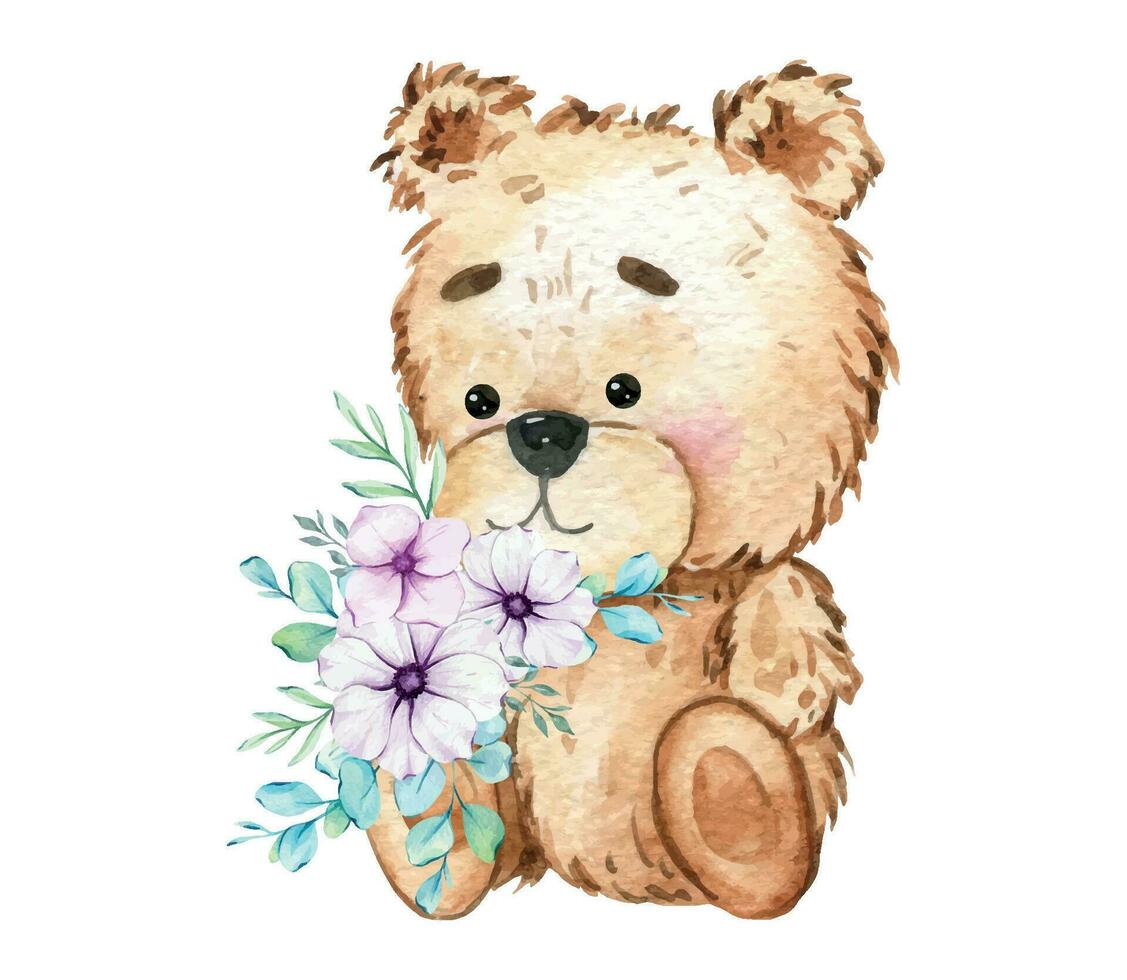Cute Baby Bear Watercolor Illustration, Little Bear with balloons Isolated on white background. Hand Drawn Lovely Animal for nursery decor children illustration. Baby shower concept vector
